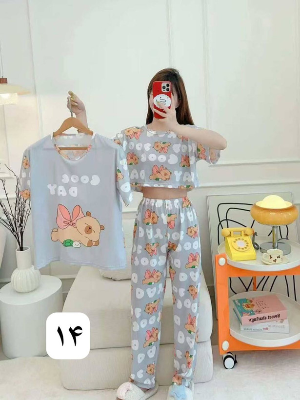 ست سه تیکه گیاهی کراپ،شلوار و تیشرت فری سایز